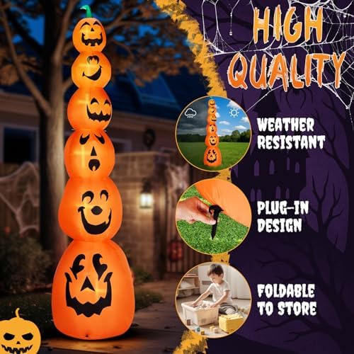 Outvita Halloween Inflatable Stacked Pumpkins 9FT, Blow Up Outdoor Decoration with 6 Pumpkins & LEDs, Halloween Decor for Yard, Party, Garden
