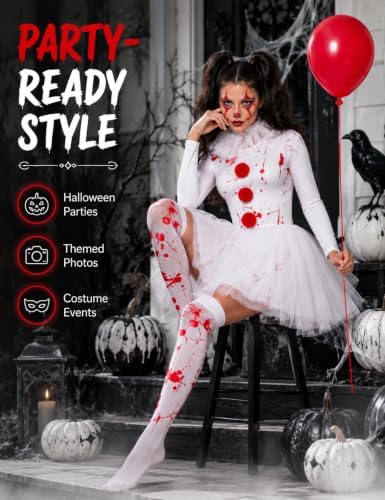 Women Halloween Scary Clown Costume with Bloody Tutu Dress and Face Gems