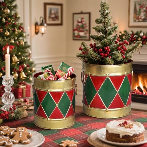 2-Piece Christmas Metal Drum Buckets Set - Festive Ice Bucket & Storage for Small Plants/Ornaments/Candies, Round Decorative Pails for Party Table Centerpieces & Home Mantel Display