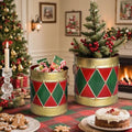 2-Piece Christmas Metal Drum Buckets Set - Festive Ice Bucket & Storage for Small Plants/Ornaments/Candies, Round Decorative Pails for Party Table Centerpieces & Home Mantel Display