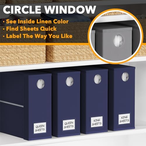 SpaceAid 4 Pack Bed Sheet Organizers and Storage, Foldable Sheet Organizer for Linen Closet, Sheets Set Folder Keeper with Window XL (Queen & King Size) Bedding Container (Navy Blue, 4 Pack)