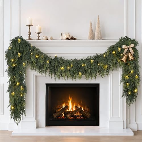 9FT Cedar Christmas Garland with Lights Realistic Prelit Pine Garland Decor