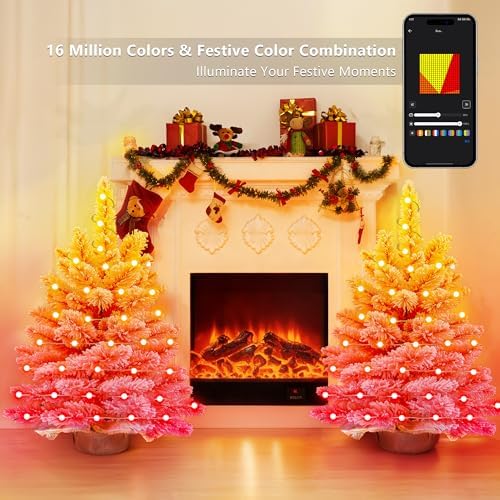 Brizled Smart Pink Mini Valentines Tree, 22.8in DIY Smart-Lit Pink Flocked Tabletop Xmas Tree with 100 LED RGB Lights, App/Voice Control 159+ Scenes Mini Xmas Tree USB C Small Tree for Fireplace Desk