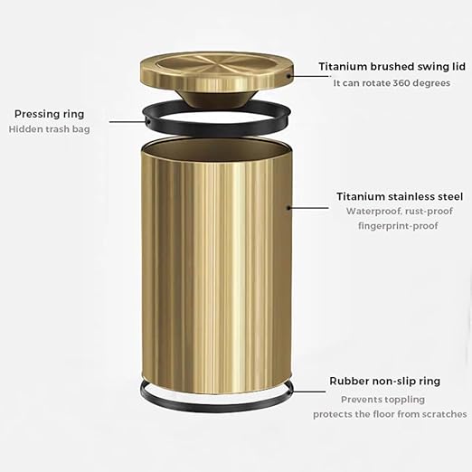 9L/2.4Gal Gold Trash Can,Brass Bathroom Garbae Can with Flipping Lid,Small Brass Garbage Can for Office, Laundry Room,Bedroom,Hotel