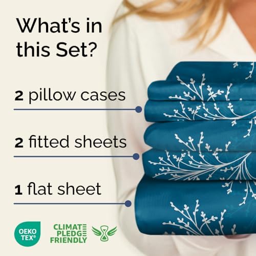 Split King 5 Piece Floral Sheet Set - Breathable & Cooling - Sea Spray