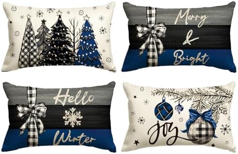 AVOIN colorlife Merry Christmas Joy Xmas Trees Blue and Black Throw Pillow Covers, 12 x 20 Inch Christmas Winter Holiday Cushion Case Decoration for Sofa Couch Set of 4