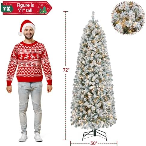 Yaheetech 6ft Pre-lit Snow Flocked Pencil Christmas Tree, Green & White