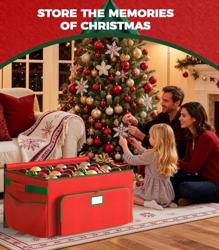 Ornament Storage Box, Large Christmas Ornament Storage Box, Stores 72 4'' Ornaments , Ornaments Storage Containers with 3 Trays, Durable and Portable, 600D Tear-Proof Material, Extra Pockets Red