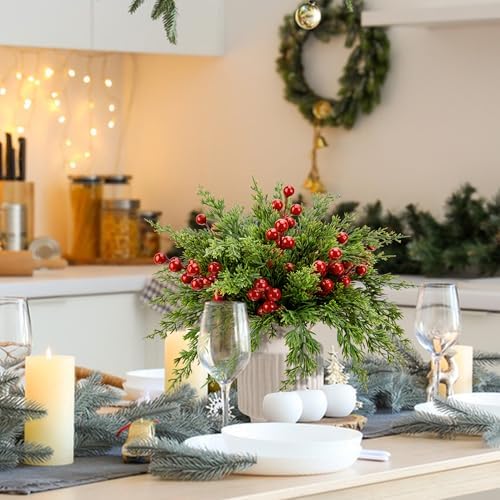 60 Pcs Christmas Artificial Pine Branches Red Berry Stems Faux Xmas Sprigs