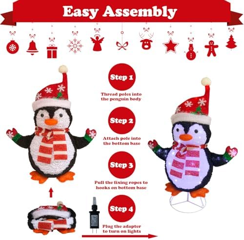 Lighted Penguin Outdoor Christmas Decorations, Pop-Up Christmas Penguin Outdoor Décor Prelit 60 Lights, Collapsible Light Up Red Penguin Christmas Decorations for Home Porch, Yard, Garden-Red
