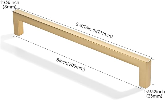 khtumeware 10 Pack 8 inch(203mm) Hole Center Brushed Gold Cabinet Pulls Solid Heavy-Duty Square Matte Gold Cabinet Handles Drawer Pulls Kitchen Cabinet Hardware Kitchen Handle