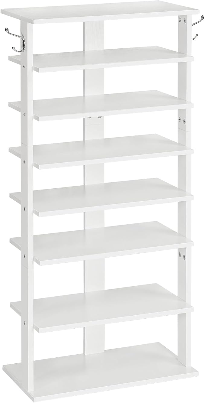 HOOBRO Vertical Shoe Rack, 8 Tier Wooden Shoe Storage Organizer with Hooks, Narrow Shoe Tower for 16 Pairs, Space Saving, for Entryway, Living Room, Bedroom, White WT750XJ01