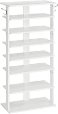 HOOBRO Vertical Shoe Rack, 8 Tier Wooden Shoe Storage Organizer with Hooks, Narrow Shoe Tower for 16 Pairs, Space Saving, for Entryway, Living Room, Bedroom, White WT750XJ01