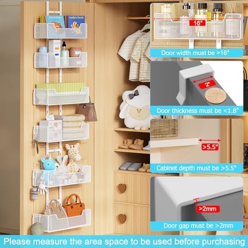 Hongtamoya Over The Door Organizer, Metal Hanging Door Organizer with 6 Adjustable Baskets and 5 Hooks, Behind The Door Storage for Closet Cabinet Kitchen Bathroom Bedroom Pantry Door Organizer, White