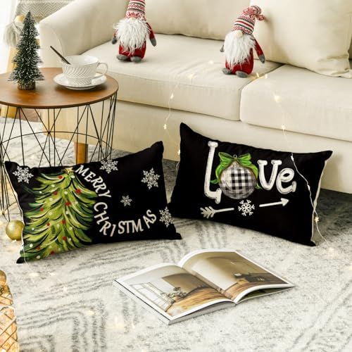 AVOIN colorlife Merry Christmas Let It Snow Love Snowman Black Throw Pillow Covers, 12 x 20 Inch Xmas Tree Holiday Cushion Case Decoration for Sofa Couch Set of 4