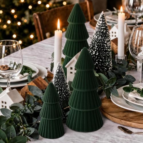 Christmas Decorations - Set of 3 Velvet Ceramic Christmas Trees (Green)