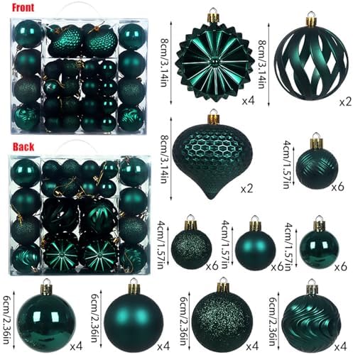 Christmas Tree Balls Ornaments Set, 48 Pcs Shatterproof Plastic Decorative Baubles Shiny Hanging Ball Ornaments for Xmas Tree Holiday Party Wedding Decoration, Dark Green