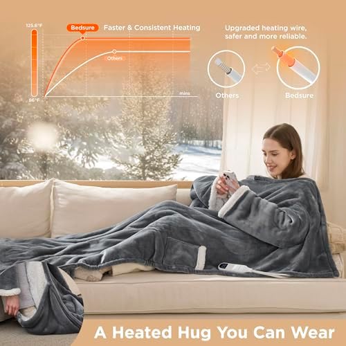 Bedsure Wearable Heated Blanket with Foot Pocket & Sleeves, 50x71+18", Grey