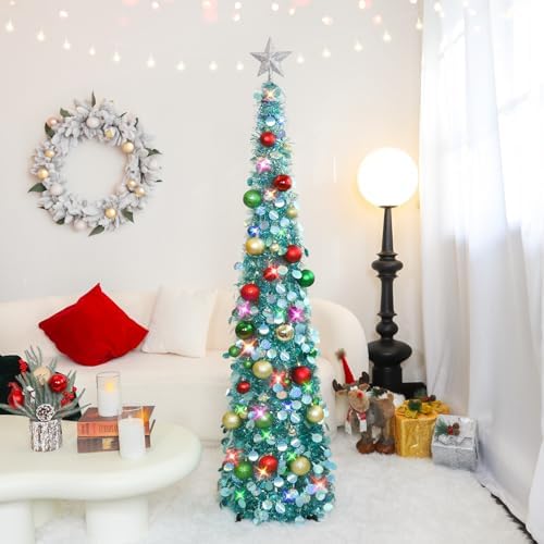 N&T NIETING Pop Up Christmas Tree with Lights & Ornaments, 5FT, Lake Blue