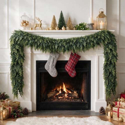 15FT Christmas Cedar Garland, Realistic Artificial Pine Greenery Garland with Flexible Wired Branches, Faux Holiday Garland for Mantle, Fireplace, Staircase, Table, Door, Indoor Outdoor Winter Decor