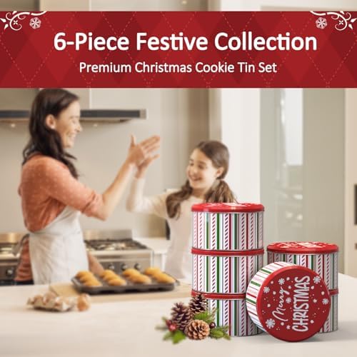 6Packs Merry Chiristmas Style Cookie Tins, Metal Empty Round Cookie Container, Cookie Tin with Lid for Christmas, Red 16.5 * 16.5 * 8.5Cm