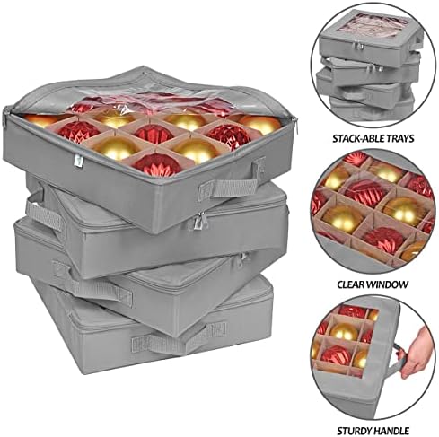 ProPik 4 Pcs Christmas Ornament Storage Boxes with Dividers, Transparent Top Zipper Closure, 4 Individual Ornament Holder Trays, Keeps 64 Holiday Ornaments, Ornament Organizer Storage Box (Gray)