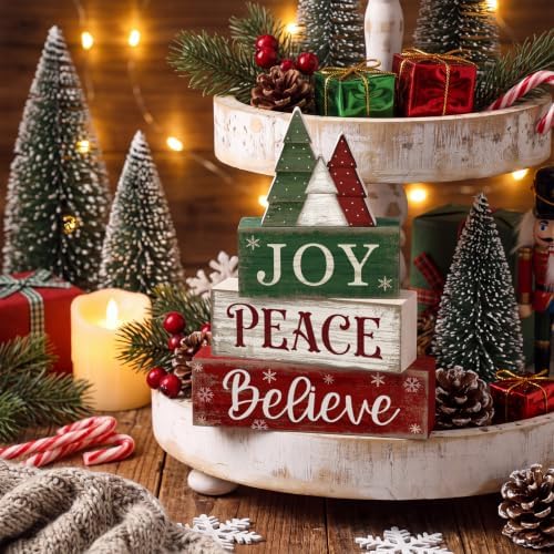Lineshading 4 Pcs Christmas Table Decor, Wooden Tree Block Sign Home Tray