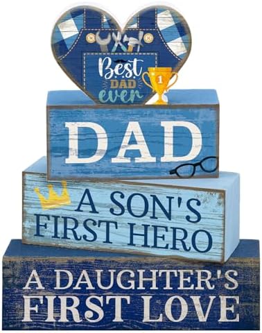 Lineshading 4 Pcs Dad Block Signs Wooden Farmhouse Decor, Father's Day