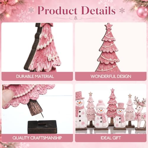 7 Pcs Christmas Table Decor Wooden Snowman Tree Deer Decor, Pink