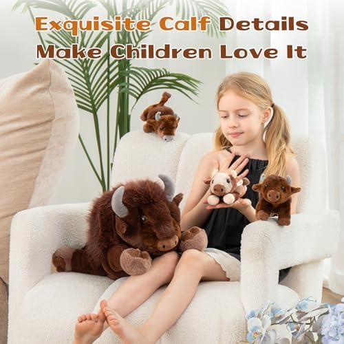 MorisMos Bison Stuffed Animal, 18inch Mommy Bison with 3 Babies