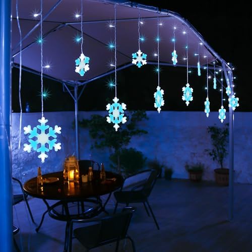 Christmas Snowflake Lights, 10.66ft 168 LED Icicle Lights Outdoor with 14 Drops, 8 Modes Waterproof Connectable Christmas Light for Eaves Wedding Garden Yard Indoor Xmas Decor (White & Icicle Blue)