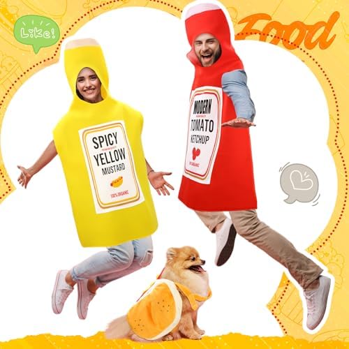 Newcotte 3 Pcs Ketchup and Mustard Couple's Costume, Halloween Food Set