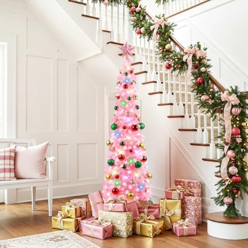 N&T NIETING Pop Up Christmas Tree with Lights & 30 Balls, 5Ft Collapsible Pink Tinsel Tree Decorations for Holiday Home Office Decor, Pink
