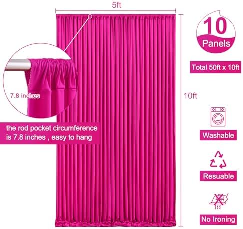 10 Panels Fuchsia Backdrop Curtain for Parties Birthday Party Wrinkle Free Hot Pink Photo Curtains Backdrop Drapes Fabric Decoration for Wedding 50ft(W) x 10ft(H)