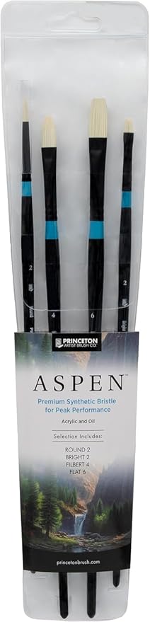 Princeton Aspen Professional Paint Brush Set, 4-Piece Long Handle Synthetic Brushes with Medium-Stiff, No-Shedding Bristles for Acrylic, Oil & Water-Soluble Oil Painting