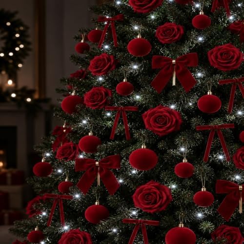 100 Pcs Velvet Rose Christmas Tree Decoration Ribbon Bow Ball Ornament Set
