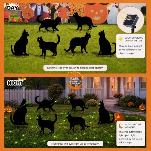 6 Pack Halloween Black Cat Yard Decorations, Solar Powered Green Eyes