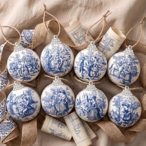 Outus 16 Pcs Blue and White Toile De Jouy Christmas Ball Ornaments for Tree