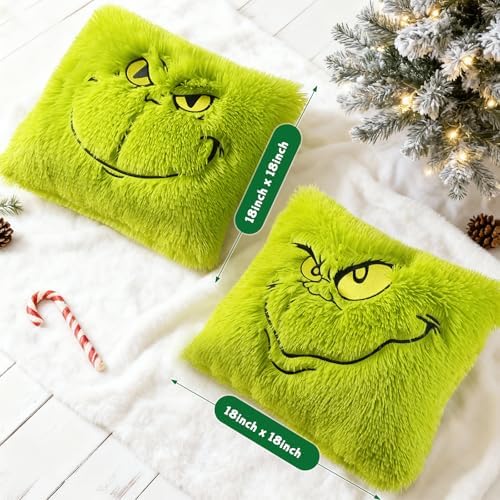 eowvsio 2PCS Chrismas Pillow Covers 18x18 inch,Green Xmas Throw Pillow Cases,Chrismas Decor Soft Plush Faux Fur Wool Couch Cushion Case for Chair Sofa Bedroom Living Room