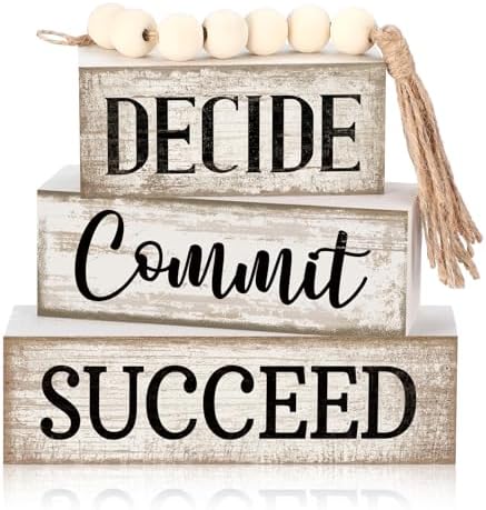 Moucuny 4 Pcs Rustic Wooden Office Shelf Decor Block Signs Farmhouse