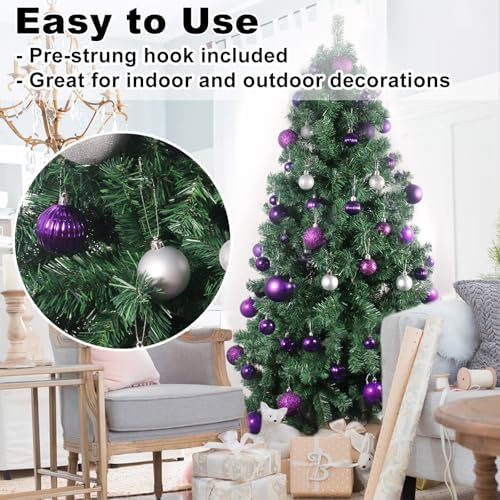 Purple & Silver 2.5" Christmas Balls Christmas Tree Decoration Ornaments Shatterproof Hanging Balls for Birthday Halloween Holiday Wedding Decorations Set of 24pcs