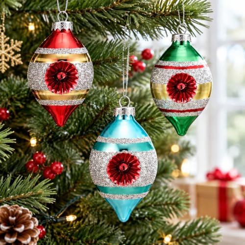 Soulchen 8pcs Retro Christmas Glass Finial Ornament with Reflector for Tree