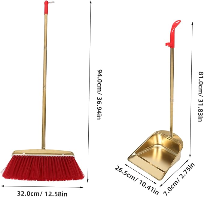 Dustpan and Broom Set with Long Handle, Stainless Steel Metal Broom and Dustpan Combo with Teeth Edge for Home Kitchen Office Floor Cleaning, Gold Color Upright Sweeping Kit