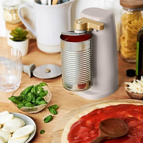 B'eautiful Easy-Prep Electric Can Opener with 70-watt motor effectively, Auto-turn & One-Touch Operation Built-in knife sharpener and bottle opener by D'rew Barry'more (Porcini Taupe)