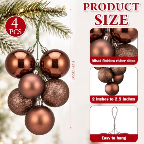 Roowest 4 Sets Large Brown Glitter Christmas Ball Clusters Ornaments Decor