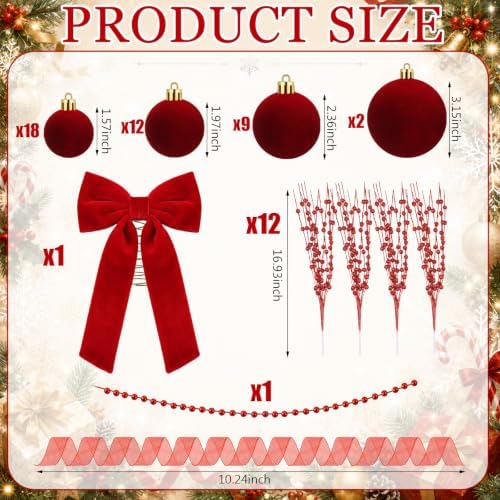 56 Pcs Christmas Tree Decorations Bow Topper Ornaments Flocking Balls Red Berry Picks Webbing Beaded Necklace Christmas Tree Hanging Ornaments for Xmas Home Office Decorations