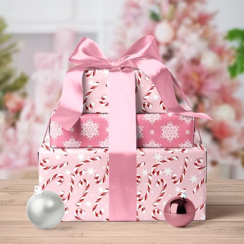 LaRibbons Pink Christmas Wrapping Paper, Reversible Snowflake & Candy Cane