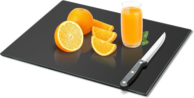 Mymonfif Tempered Glass Cutting Board for Kitchen, Black Glass Board for Countertop, Heat Resistant, with Non-Slip Feet, 12x16" 1Pcs