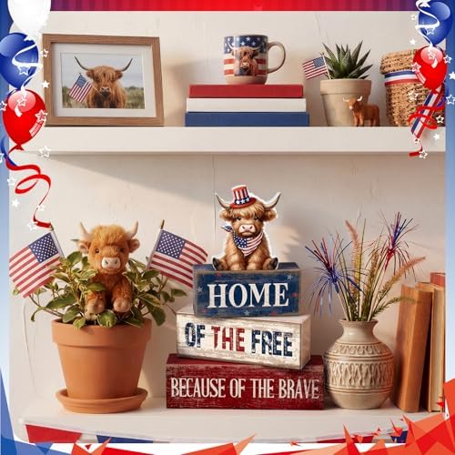 Moucuny 4 Pcs 4th of July Wooden Signs Patriotic Tiered Tray Decor