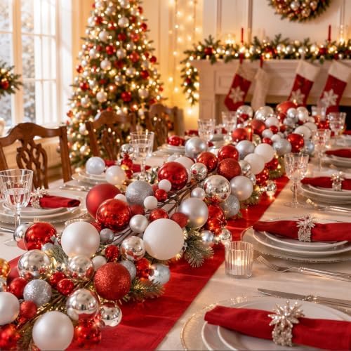 2 Pcs 15 ft Christmas Ball Ornament Garland, Red, White, Silver